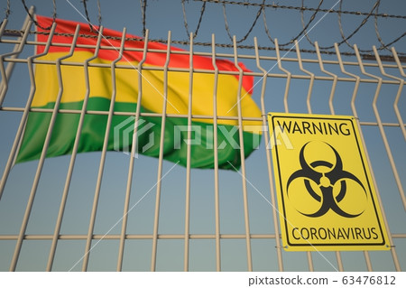 Coronavirus biohazard sign on the fence against the Bolivian flag. Quarantine in Bolivia, conceptual 3D rendering 63476812