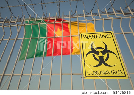 Coronavirus warning sign on the fence on the Cameroonian flag background. Quarantine in Cameroon, conceptual 3D rendering Coronavirus warning sign on the fence on the Cameroonian flag background. Quarantine in Cameroon, conceptual 3D rendering 63476816
