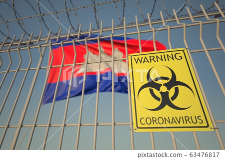 Coronavirus biohazard sign on the fence against the Cambodian flag. Quarantine in Cambodia, conceptual 3D rendering Coronavirus biohazard sign on the fence against the Cambodian flag. Quarantine in Cambodia, conceptual 3D rendering 63476817