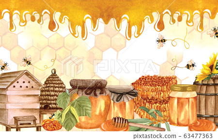 Watercolor honey colorful frame with honeycombs, plants, dipping, bees and honey pot, beehive. Hand drawn honey background. 63477363