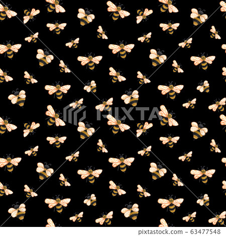 Watercolor honey seamless pattern with bee. Hand drawn repeten background with honey bees on black 63477548