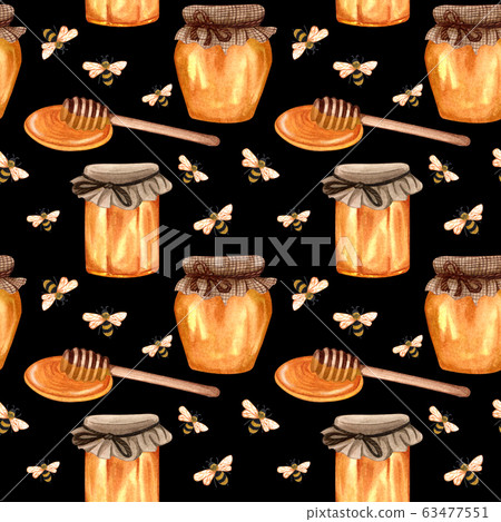 Watercolor honey seamless pattern with bee and... - Stock Illustration ...