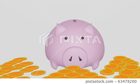 Pig piggy bank and coins facing front Pig piggy bank and coins facing front 63478200