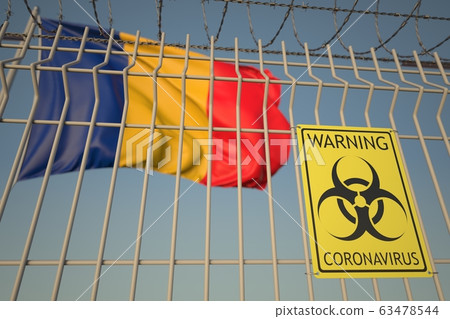 Coronavirus warning sign on the fence on the Romanian flag background. Quarantine in Romania, conceptual 3D rendering Coronavirus warning sign on the fence on the Romanian flag background. Quarantine in Romania, conceptual 3D rendering 63478544