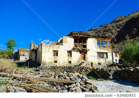 Scenery when touring by motorcycle from Ladakh region in India to Zanskar, a solitary island on land. 63480955