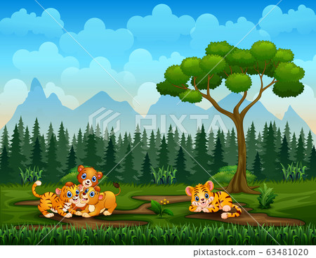 Cartoon tiger and lion families playing in nature background 63481020