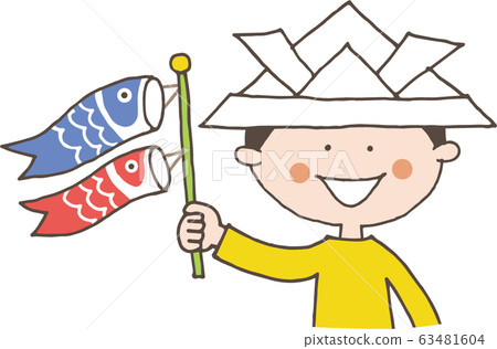 A smiling little boy wearing a helmet with a streamer 63481604