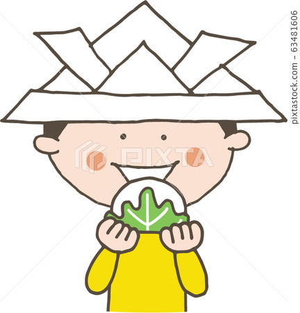 A smiling boy wearing a beetle eating Kashiwa Mochi A smiling boy wearing a beetle eating Kashiwa Mochi 63481606