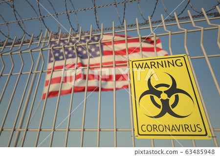 Coronavirus biohazard sign on the fence against the American flag. Quarantine in the USA, conceptual 3D rendering Coronavirus biohazard sign on the fence against the American flag. Quarantine in the USA, conceptual 3D rendering 63485948