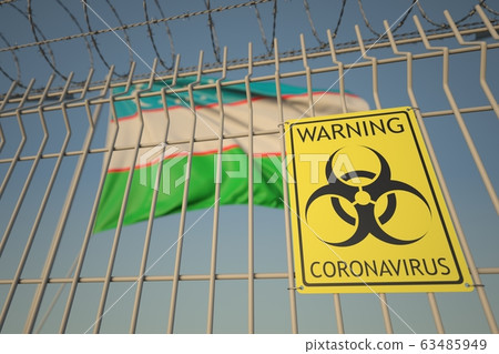 Coronavirus warning sign on the fence on the Uzbek flag background. Quarantine in Uzbekistan, conceptual 3D rendering Coronavirus warning sign on the fence on the Uzbek flag background. Quarantine in Uzbekistan, conceptual 3D rendering 63485949