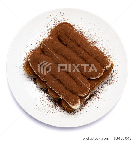 Classic tiramisu dessert on ceramic plate isolated on white background with clipping path 63493043