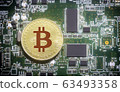 Bitcoin on green computer circuit board background 63493358
