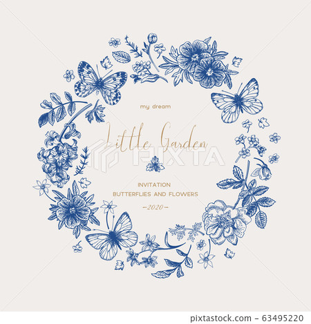 Wreath with butterflies and flowers. 63495220