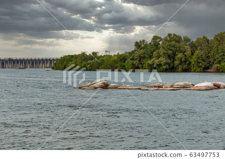 Dnieper River and hydroelectric power plant dam in 63497753