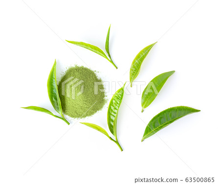 tea leaf and matcha green tea powder on white tea leaf and matcha green tea powder on white 63500865