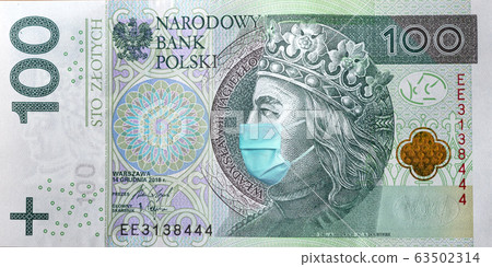 Coronavirus in Poland. Quarantine and global recession. 100 Polish zloty banknote with a face mask against infection. Global economy hit by corona virus covid19 outbreak and pandemic. Coronavirus in Poland. Quarantine and global recession. 100 Polish zloty banknote with a face mask against infection. Global economy hit by corona virus covid19 outbreak and pandemic. 63502314