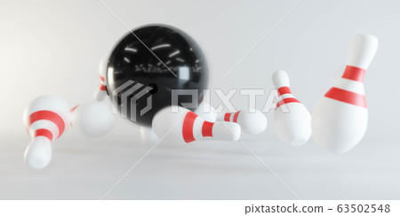 3d render illustration of a bowling ball crashing into pins. Extreme perspective, depth of field focus on the ball. white background 63502548