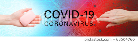 Covid-19 creative concept. Coronavirus banner design with hand with soap and dirty hand with microbes (bacteria) around. Abstract waves on blue, red background Covid-19 creative concept. Coronavirus banner design with hand with soap and dirty hand with microbes (bacteria) around. Abstract waves on blue, red background 63504760