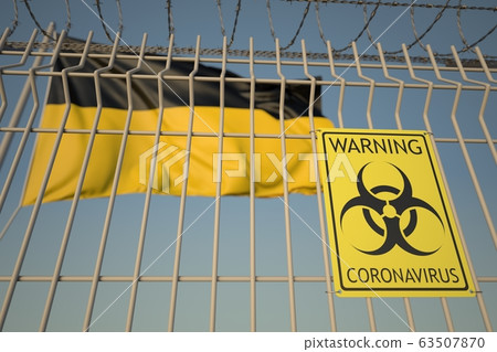 Coronavirus warning sign on the barbed wire fence near flag of Baden-Wurttemberg, a state of Germany. COVID-19 quarantine related 3D rendering Coronavirus warning sign on the barbed wire fence near flag of Baden-Wurttemberg, a state of Germany. COVID-19 quarantine related 3D rendering 63507870
