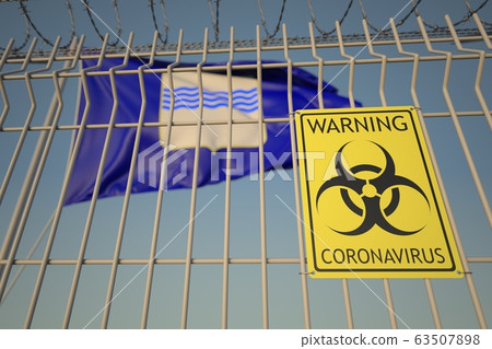 Coronavirus warning sign on the barbed wire fence near flag of Basilicata, a region of Italy. COVID-19 quarantine related 3D rendering 63507898