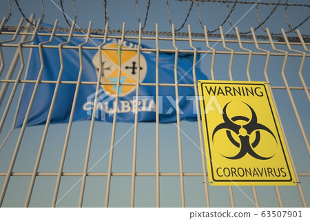 Biohazard coronavirus sign on the barbed wire fence near flag of Calabria, a region of Italy. COVID-19 quarantine related 3D rendering Biohazard coronavirus sign on the barbed wire fence near flag of Calabria, a region of Italy. COVID-19 quarantine related 3D rendering 63507901