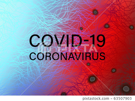 Covid-19 abstract background. Coronavirus banner design with microbes (bacteria) and line waves on blue, red background Covid-19 abstract background. Coronavirus banner design with microbes (bacteria) and line waves on blue, red background 63507903