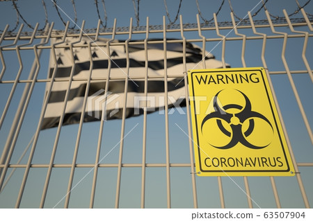 Biohazard coronavirus sign on the barbed wire fence near flag of Brittany, a region of France. COVID-19 quarantine related 3D rendering Biohazard coronavirus sign on the barbed wire fence near flag of Brittany, a region of France. COVID-19 quarantine related 3D rendering 63507904