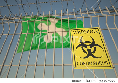Biohazard coronavirus sign on the barbed wire fence near flag of Lombardy, a region of Italy. COVID-19 quarantine related 3D rendering 63507959