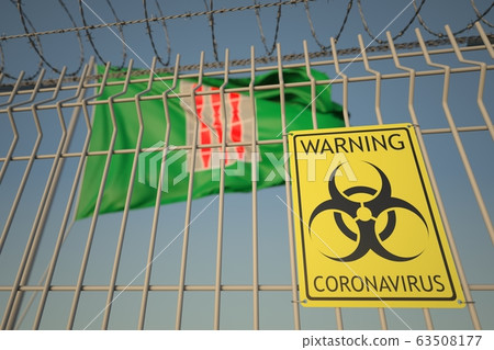 Coronavirus warning sign on the barbed wire fence near flag of Umbria, a region of Italy. COVID-19 quarantine related 3D rendering 63508177