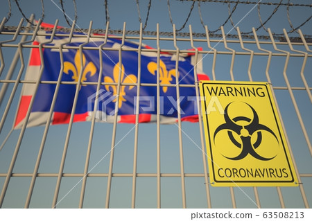 Coronavirus warning sign on the barbed wire fence near flag of Centre-Val de Loire, a region of France. COVID-19 quarantine related 3D rendering Coronavirus warning sign on the barbed wire fence near flag of Centre-Val de Loire, a region of France. COVID-19 quarantine related 3D rendering 63508213