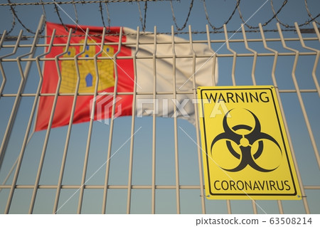 Biohazard coronavirus sign on the barbed wire fence near flag of Castilla-La Mancha, an autonomous community in Spain. COVID-19 quarantine related 3D rendering 63508214
