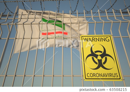 Coronavirus warning sign on the barbed wire fence near flag of Emilia-Romagna, a region of Italy. COVID-19 quarantine related 3D rendering 63508215