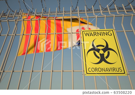 Coronavirus warning sign on the barbed wire fence near flag of Provence-Alpes-Cote d'Azur, a region of France. COVID-19 quarantine related 3D rendering 63508220