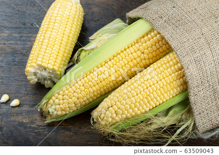 Fresh corn on cobs on wooden table. 63509043