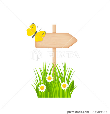 Wooden arrow signboard on a pole at the spring 63509363