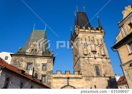 Lesser Town Bridge Tower on Charles Bridge in Prague, Czech Republic, sunny day 63509697