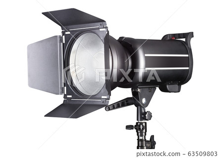 Photography studio flash isolated on white background with lamp. Photography studio flash isolated on white background with lamp. 63509803