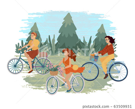 Three women riding bikes in the forest. Vector cartoon illustration Three women riding bikes in the forest. Vector cartoon illustration 63509931