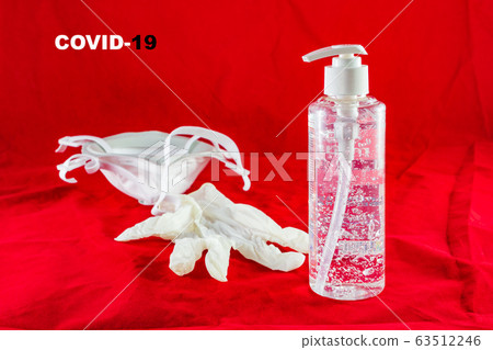 Sanitizing gel, white latex gloves, and mask on Sanitizing gel, white latex gloves, and mask on 63512246