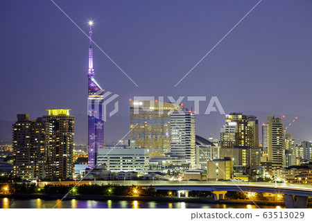Beautiful Fukuoka night view Fukuoka Tower illuminated in cherry blossom Beautiful Fukuoka night view Fukuoka Tower illuminated in cherry blossom 63513029