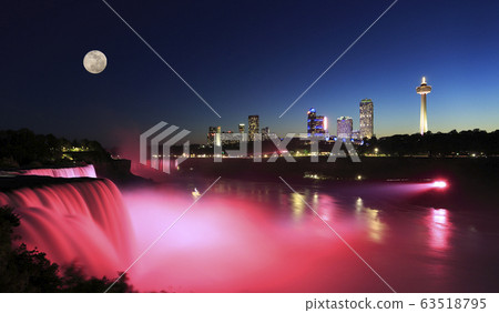 Niagara Falls at dusk with the skyline of the Canadian city of the background Niagara Falls at dusk with the skyline of the Canadian city of the background 63518795