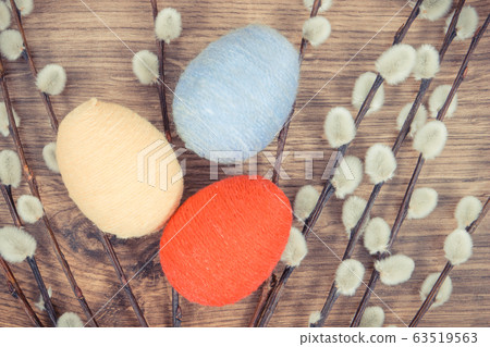 Vintage photo, Colorful eggs and Easter catkins 63519563