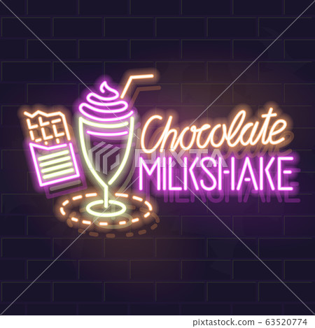 Neon chocolate milkshake typography and icon. Vector isolated neon illustration for any dark background. Fluorescent line art icon for menu, logo, poster, social network post. 63520774