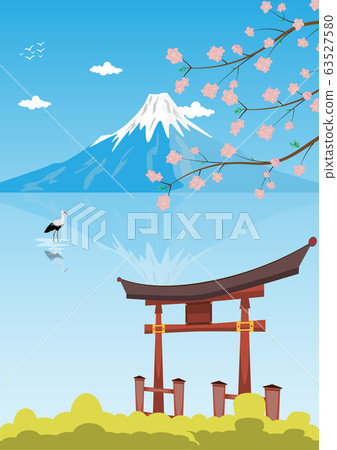 Japan gates and Fujiyama mountain with sakura flower, Travel postcard, tour advertising of Japan. 63527580
