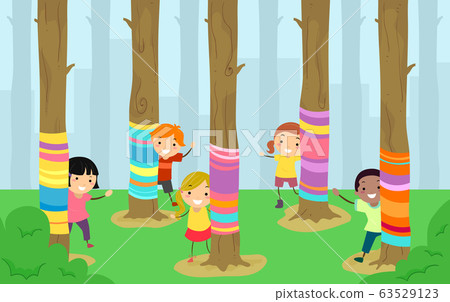 Stickman Kids Yarn Bombing Trees Illustration Stickman Kids Yarn Bombing Trees Illustration 63529123