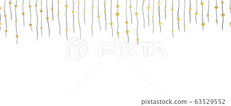 Golden hearts hanging from black strings seamless vector border. Isolated hand drawn metallic gold Golden hearts hanging from black strings seamless vector border. Isolated hand drawn metallic gold 63529552