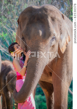 Beautiful thai women wearing traditional thai clothes standing on an elephant in nature park thailand, woman concept. Beautiful thai women wearing traditional thai clothes standing on an elephant in nature park thailand, woman concept. 63530378