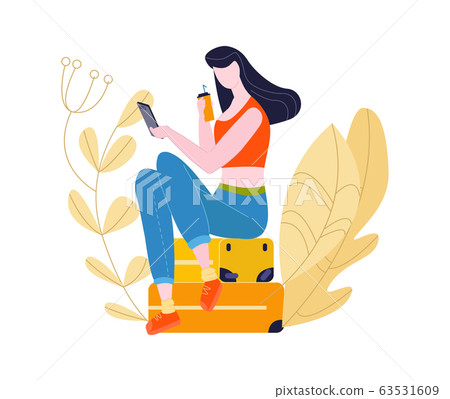 Tourist girl sitting on baggage in airportmaking selphie before traveling, journey isolated on white flat vector illustration. Tourist girl sitting on baggage in airportmaking selphie before traveling, journey isolated on white flat vector illustration. 63531609
