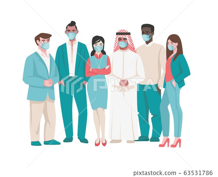 People in medical mask. Cartoon diverse characters in medical face masks, coronavirus prevention and quarantine. Vector air pollution and dise People in medical mask. Cartoon diverse characters in medical face masks, coronavirus prevention and quarantine. Vector air pollution and dise 63531786