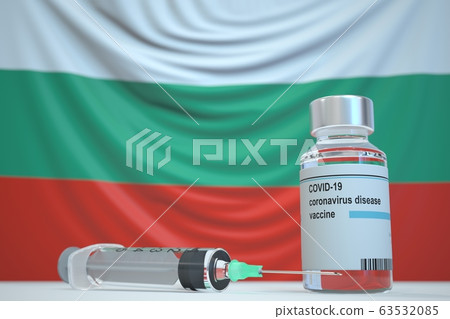 Coronavirus vaccine and syringe on the Bulgarian flag background. Medical research and vaccination in Bulgaria, 3D rendering 63532085